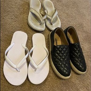 Used Nike flip flops, black slip ons, gold jazz